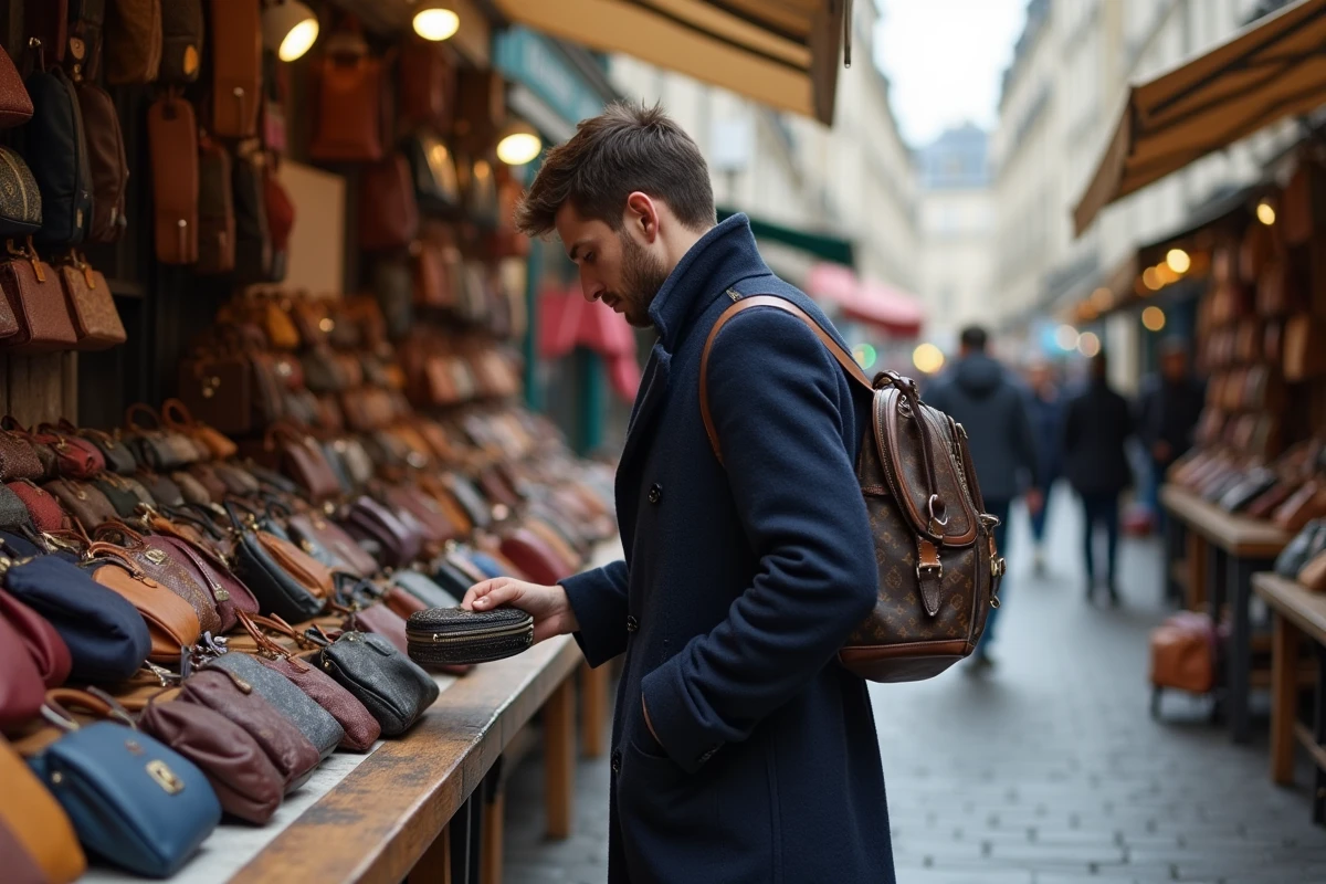 Jeune homme français inspectant sacs à main dans un marché parisien