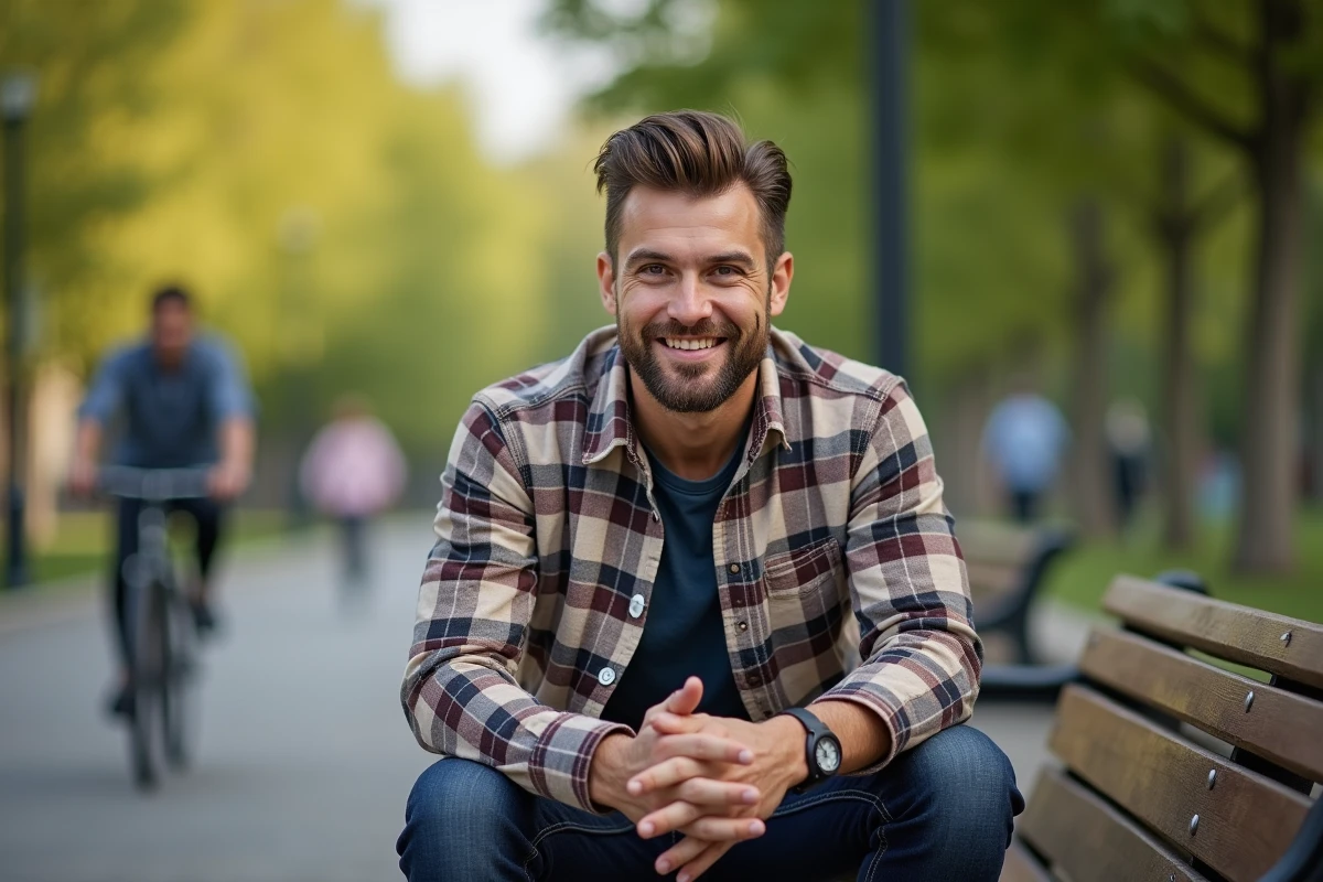Homme avec coupe mullet dans un parc urbain ensoleille