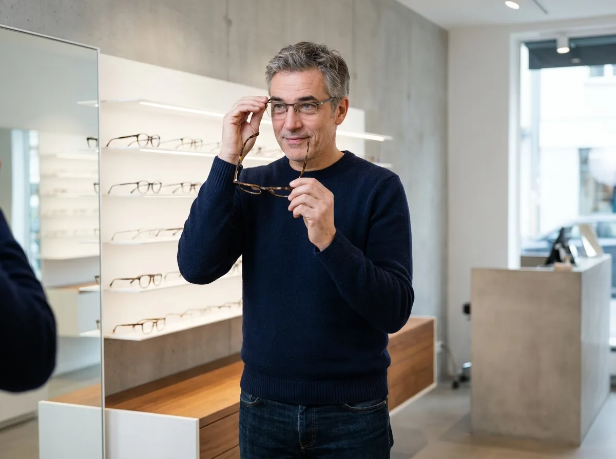 Homme aux paupières tombantes essayant des lunettes rectangulaires semi-sans-monture dans une boutique d'optique moderne