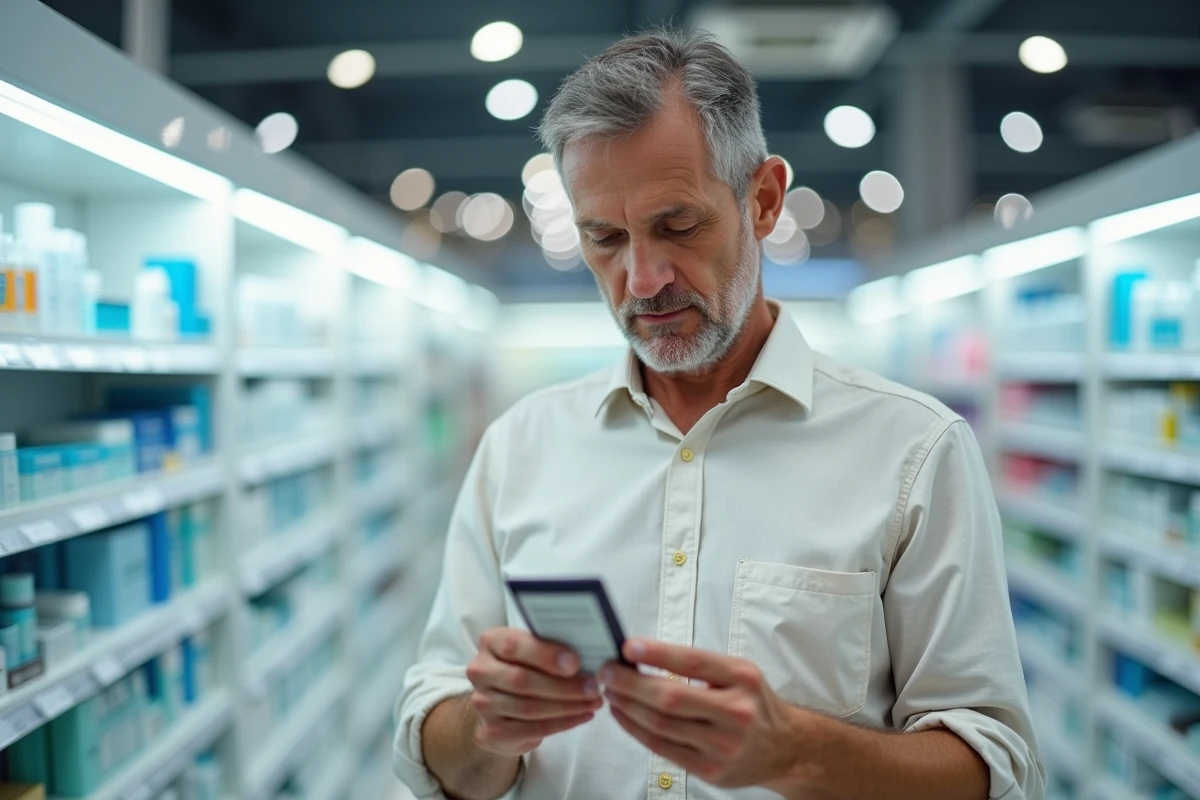 Homme examinant un produit de soin en pharmacie