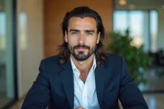 Homme élégant en bureau moderne avec blazer navy