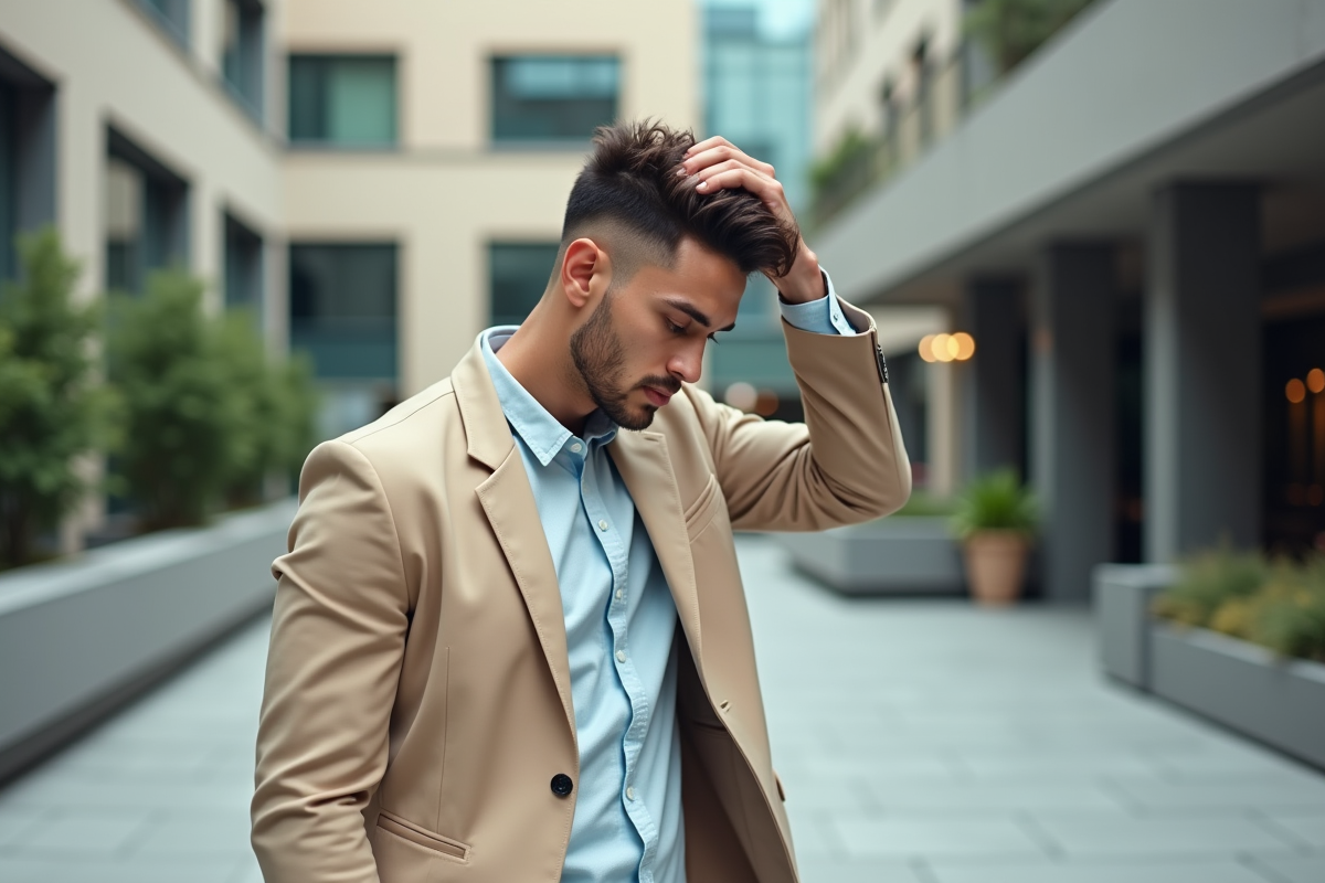 Jeune homme checkant sa coiffure en plein air urbain