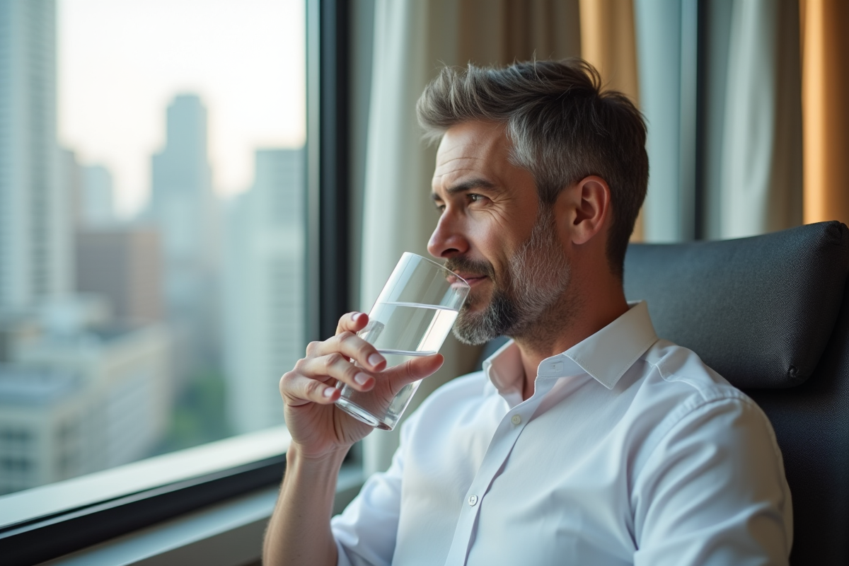 Homme d age moyen après hydrafacial dans lounge moderne