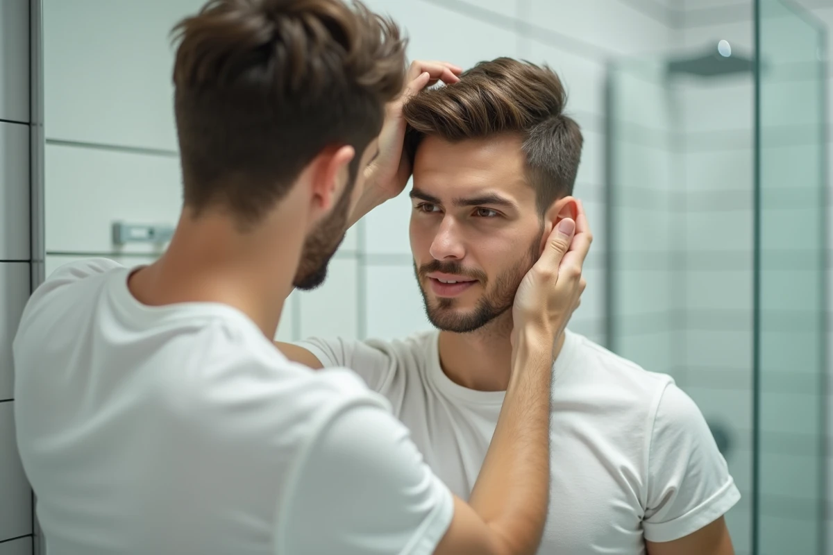 Jeune homme inspectant ses cheveux courts en salle de bain
