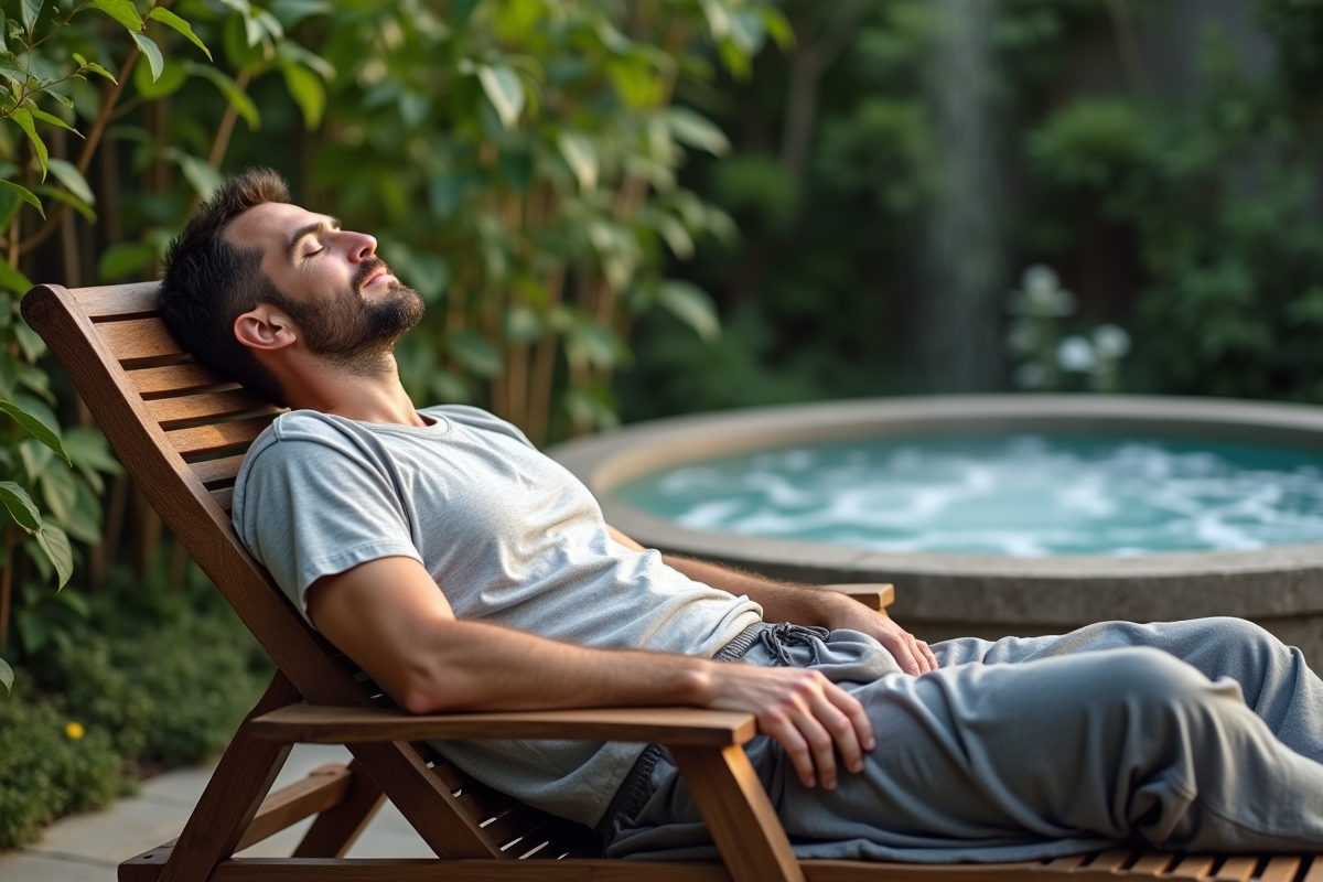 Homme paisible dans un jardin spa en plein air