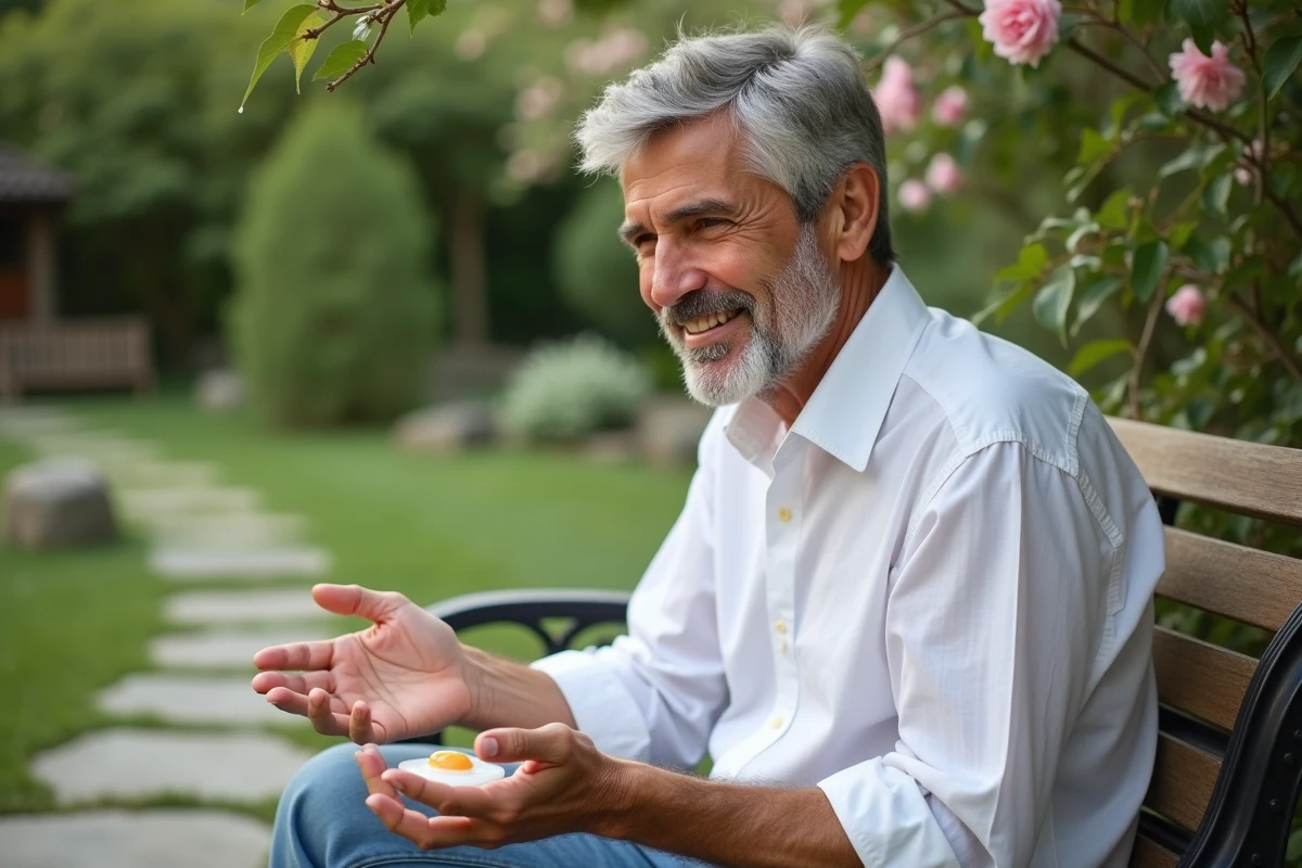 Homme appliquant shampoing dans un jardin serein