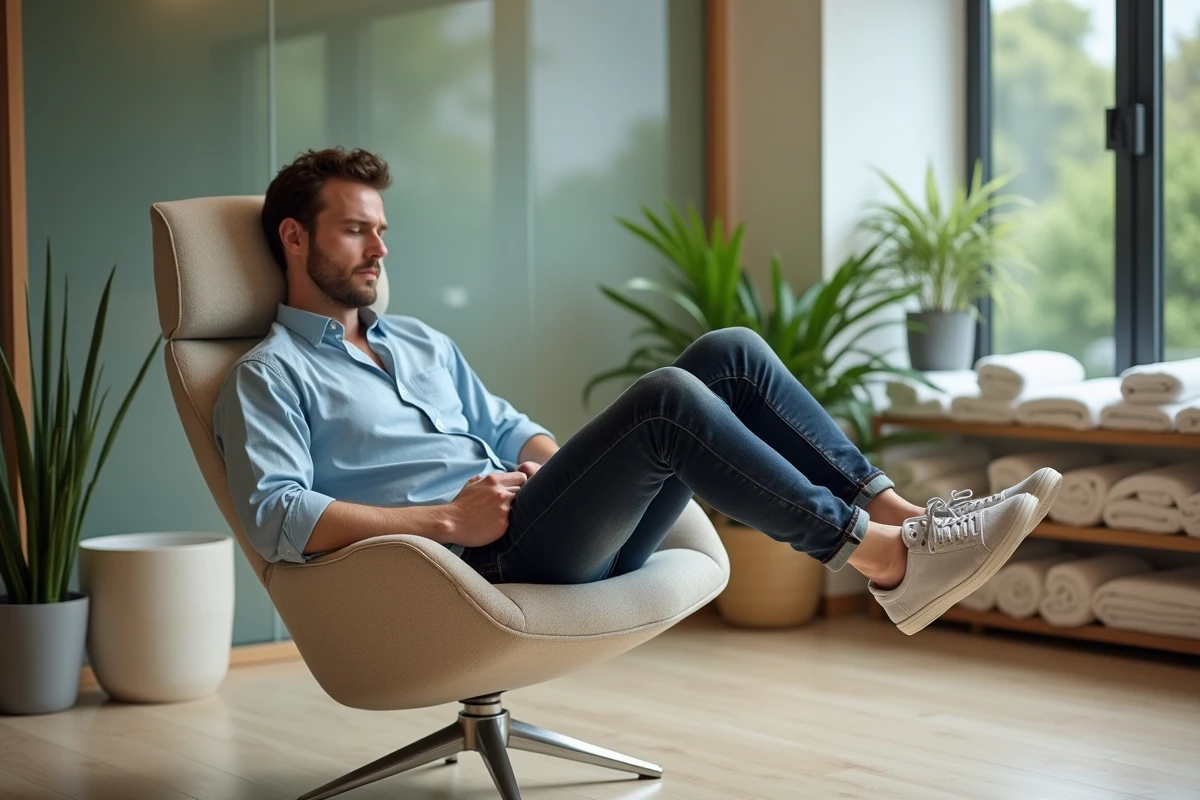 Homme détendu dans un spa avec un fauteuil et plantes vertes