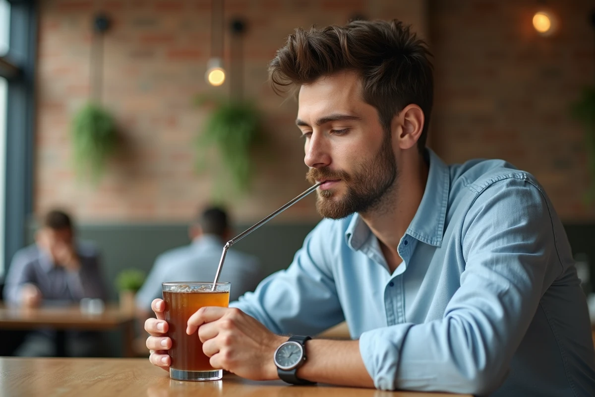 Homme buvant du thé glacé avec une paille réutilisable dans un café pour protéger ses dents