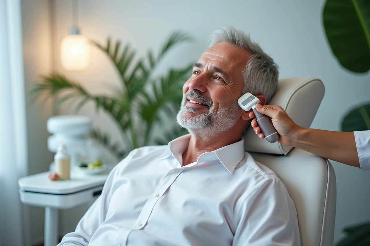 Homme recevant un soin de peau avec un appareil dermatologique