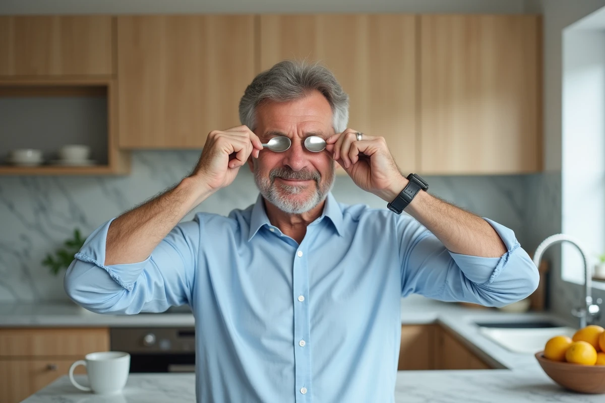 Homme pressant une cuillère froide sur les paupières dans la cuisine
