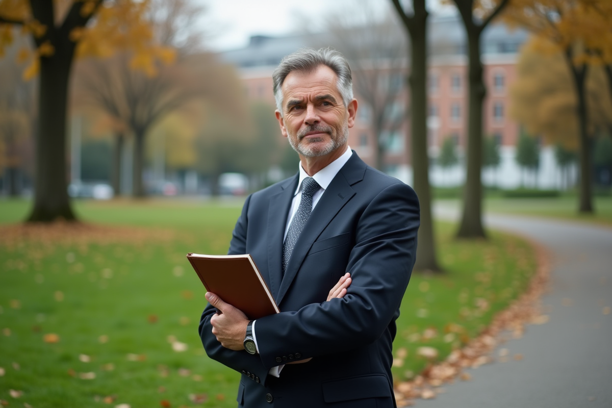 Homme d affaires avec carnet balance dans un parc