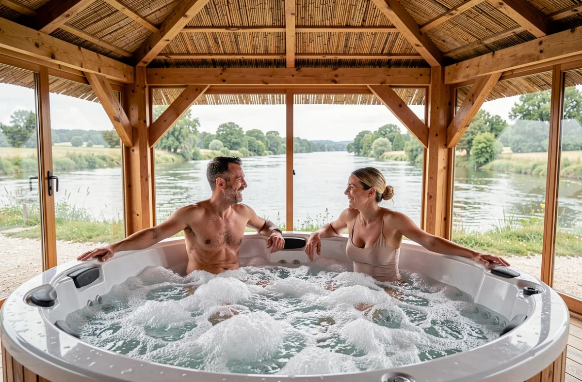 Couple riant dans un bain à bulles circulaire du Spa Bulles d'Allier à Montmarault avec vue sur la rivière depuis le pavillon en bois