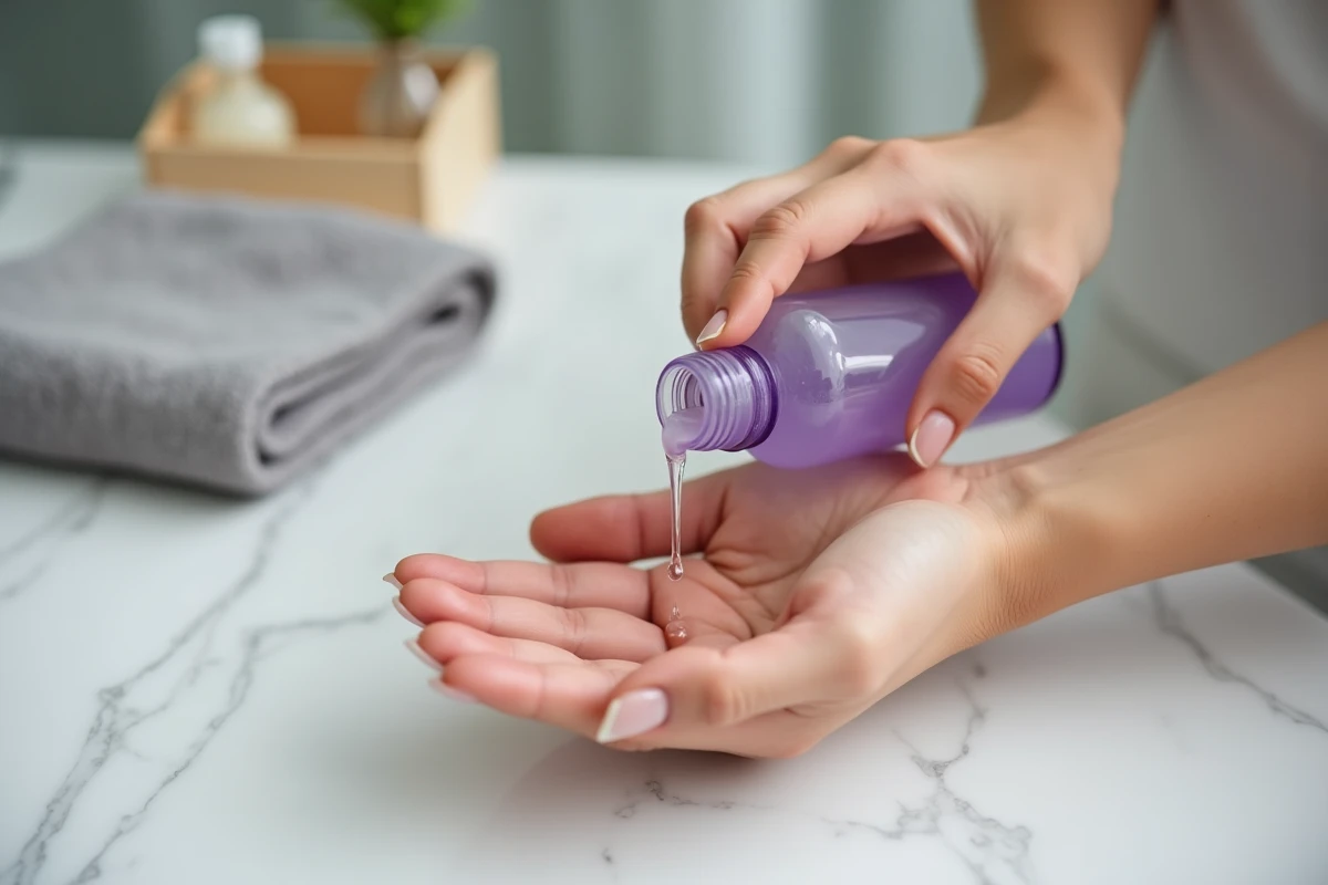 Huile lavante apaisante versée dans la main pour une routine soin eczéma bébé