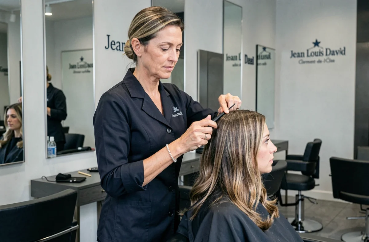 Coiffeuse professionnelle réalisant une coupe précise dans le salon Jean Louis David à Clermont-de-l'Oise avec intérieur haut de gamme