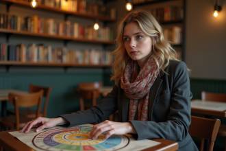 Jeune femme pensante avec carte astrologique au cafe
