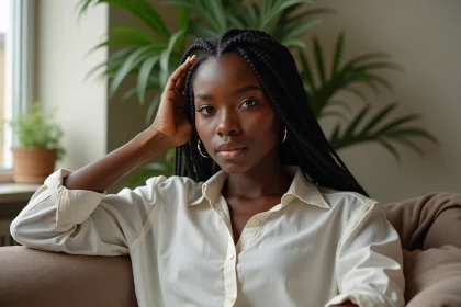 Jeune femme noire aux tresses dans un intérieur calme