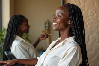 Jeune femme noire souriante avec braids dans un salon moderne