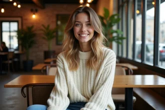 Jeune femme souriante dans un café parisien cosy