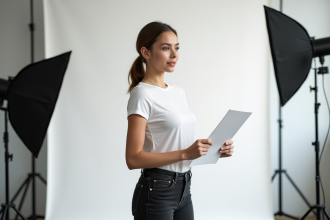 Jeune femme en studio avec fiche de casting en main