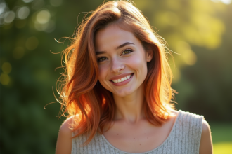 Jeune femme aux cheveux cuivre balayage souriante en extérieur