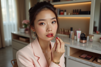 Jeune femme appliquant rouge à lèvres dans un studio chic