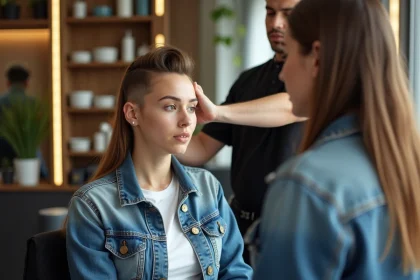 Jeune femme avec coupe mullet dans un salon moderne