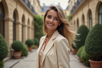 Jeune femme élégante dans une cour parisienne chic