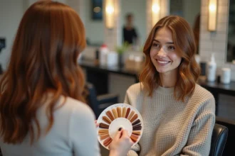 Jeune femme dans un salon de coiffure discutant de couleur