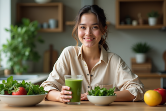 Jeune femme souriante avec smoothie vert dans une cuisine chaleureuse