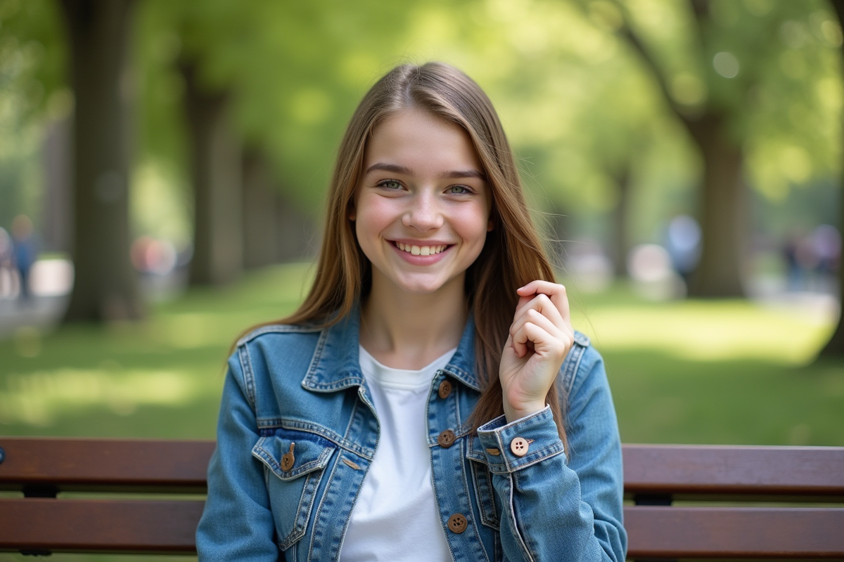 Jeune fille en denim faisant une tresse dans un parc