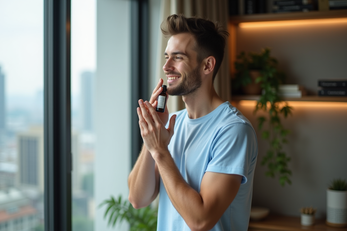 Jeune homme souriant appliquant huile visage près d une fenêtre