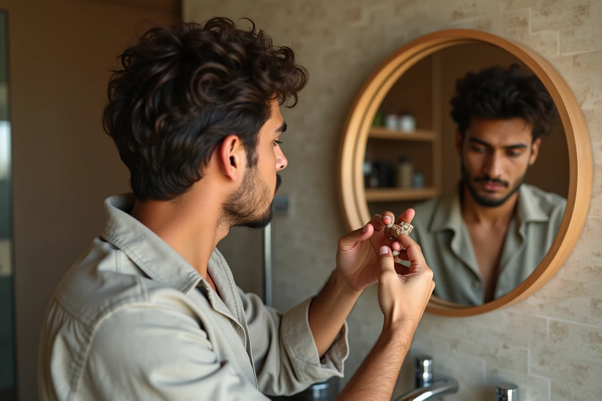 Jeune homme massant la henné sur ses pointes de cheveux