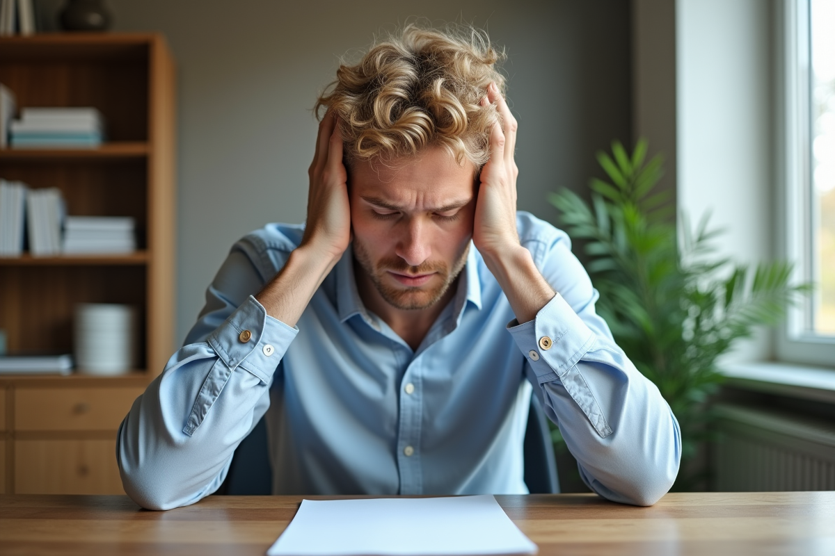 Jeune homme massant son cuir chevelu dans un bureau lumineux