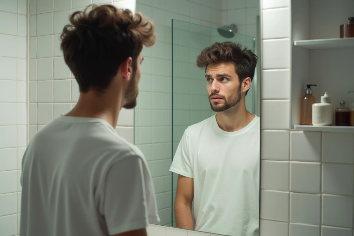 Jeune homme face à son miroir dans une salle de bain ordinaire, expression ambivalente, symbolisant la relation complexe à son propre reflet et à la beauté