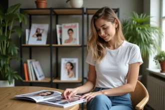 Jeune femme en studio avec portfolio et magazines de mode