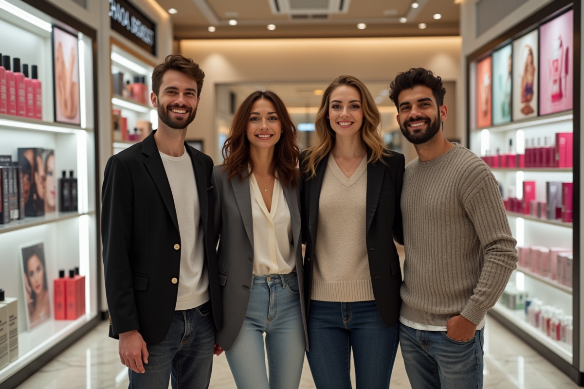 Groupe de jeunes professionnels dans un showroom cosmétique