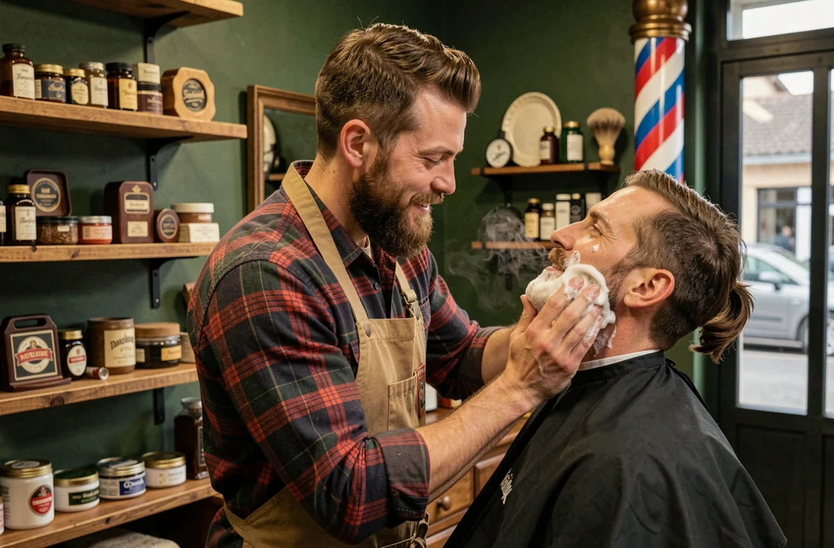 Barbier appliquant de la mousse à raser sur un client au salon La Barbe de Papa à Angoulins
