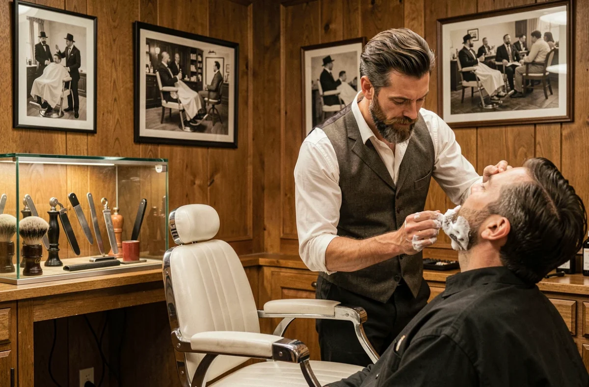 Barbier au style traditionnel français appliquant de la mousse à raser sur un client dans le cadre chaleureux de La Barbe de Papa à Villiers-en-Bière