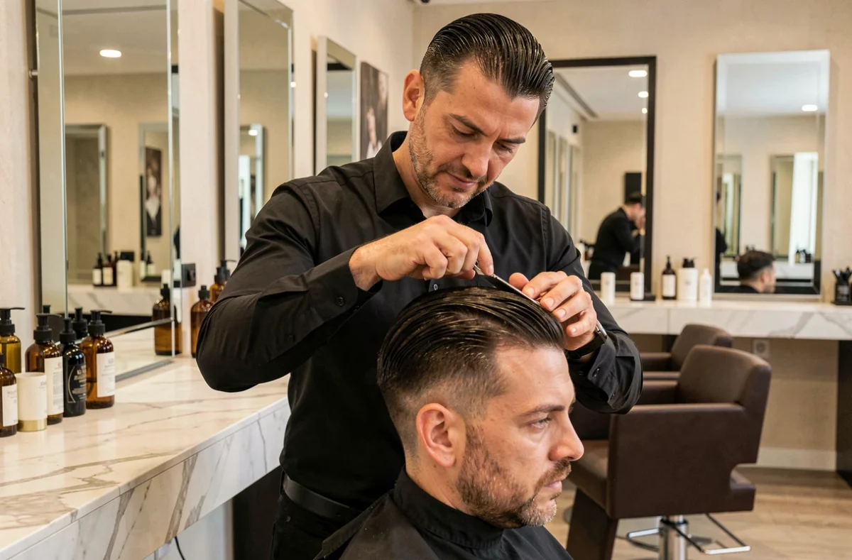Coiffeur masculin réalisant une coupe précise sur un client au salon Laurent Mathéo à La Rochelle