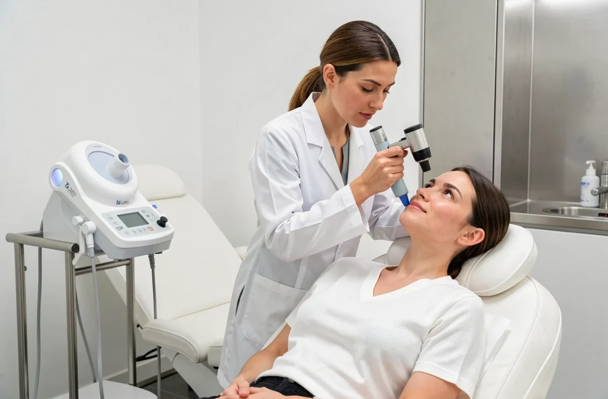 Praticienne en blouse blanche utilisant un dermatoscope sur une cliente dans la salle de traitement médical de Lazeo à Meaux