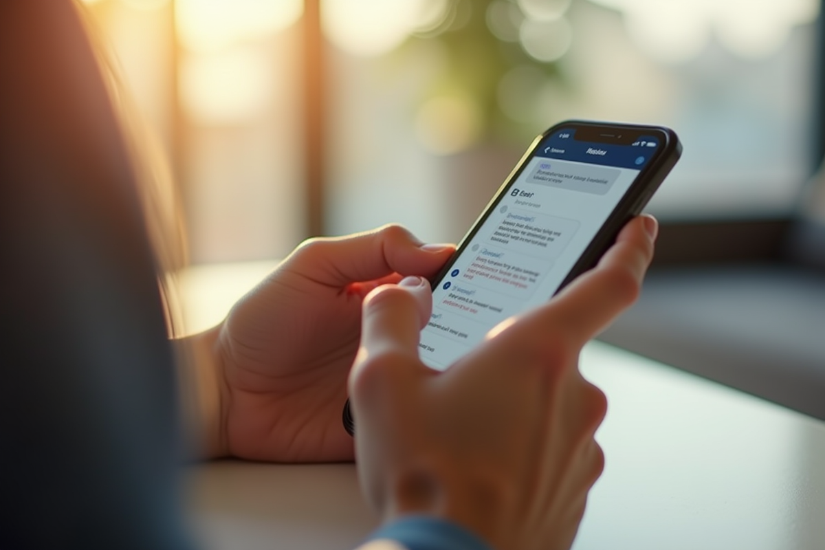 Mains tapant un message sur un smartphone avec Vinted visible
