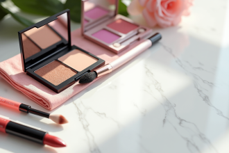 Présentation élégante de produits de beauté haut de gamme sur marbre