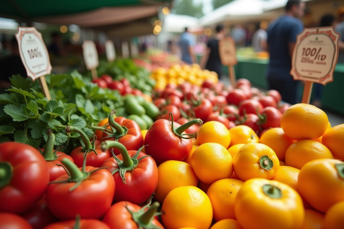 Fruits et légumes avec étiquettes naturelles dans un marché extérieur