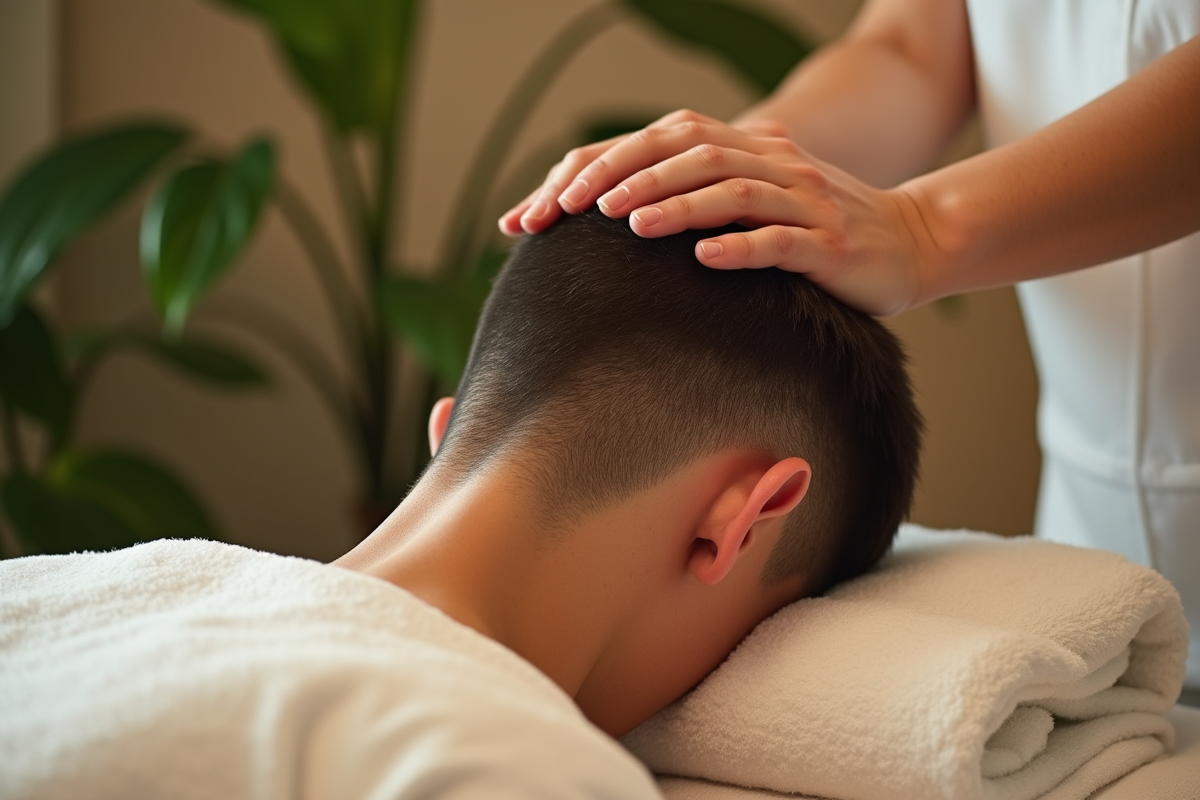 Mains massant le cuir chevelu d