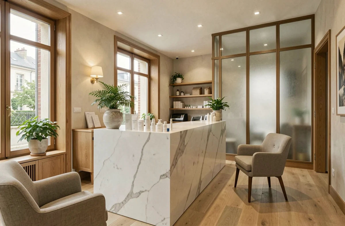 Vue d'ensemble d'un institut de beauté élégant en Seine-et-Marne avec comptoir en marbre blanc et décoration minimaliste