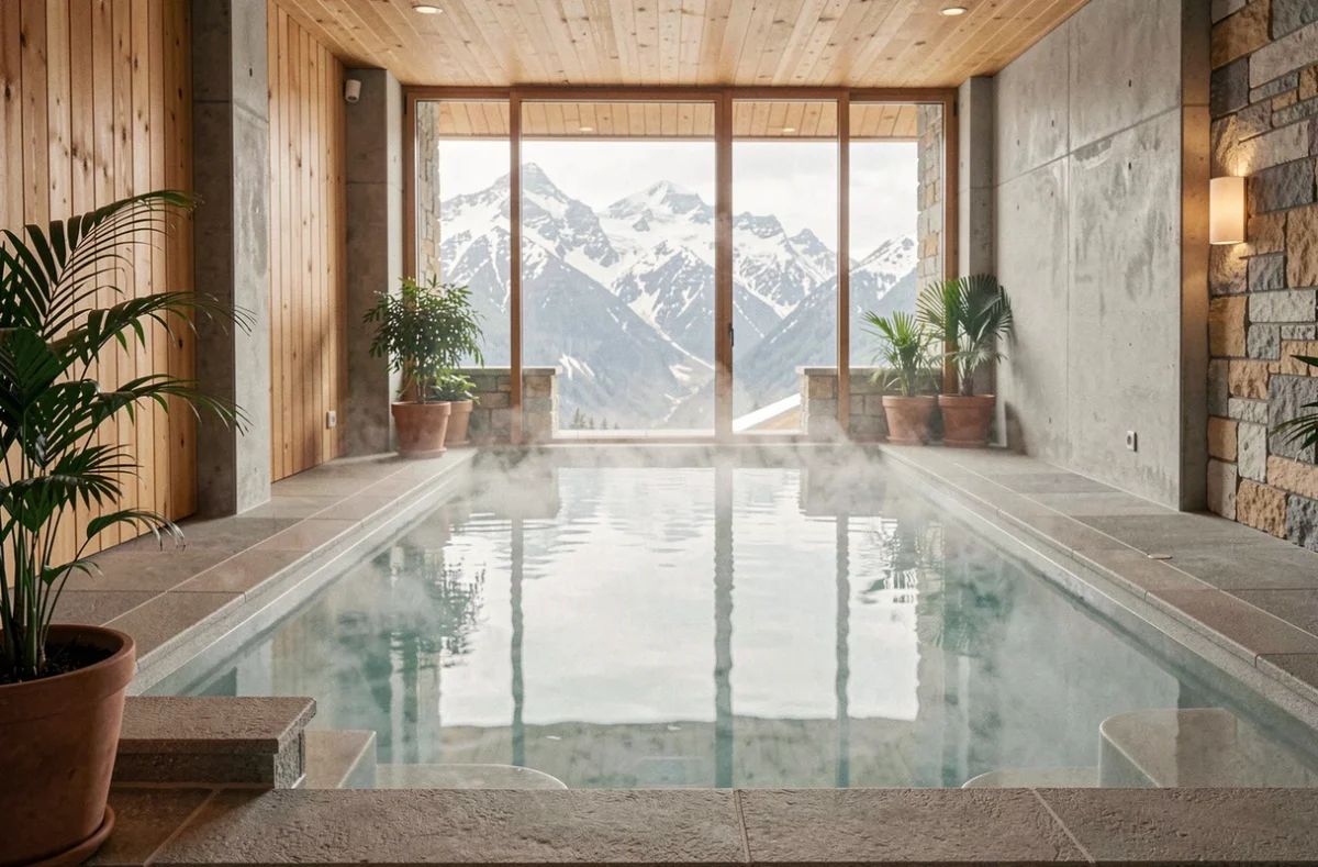 Piscine thermale intérieure d'un spa de luxe en Auvergne-Rhône-Alpes avec vue sur les montagnes enneigées