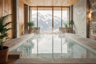 Piscine thermale intérieure d'un spa de luxe en Auvergne-Rhône-Alpes avec vue sur les montagnes enneigées