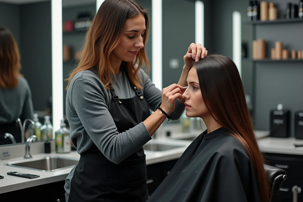 Coiffeuse professionnelle mesurant la pousse des cheveux de sa cliente avec une règle dans un salon de coiffure moderne