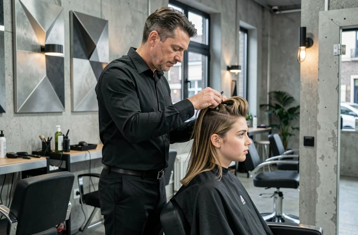 Coiffeur créateur réalisant une coupe tendance sur une cliente dans le salon Mod's Hair à Compiègne