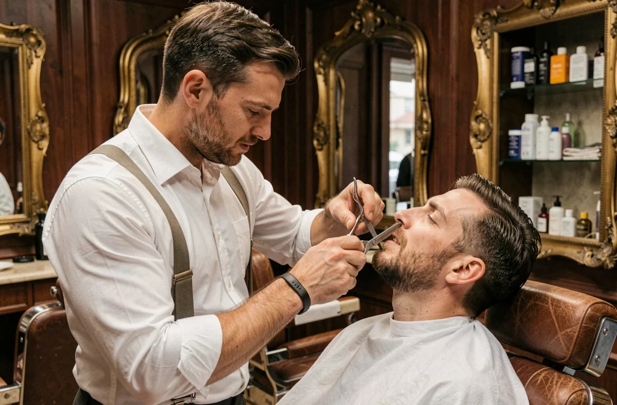 Barbier taillant la barbe d'un client dans le cadre élégant de Monsieur Albert à La Rochelle